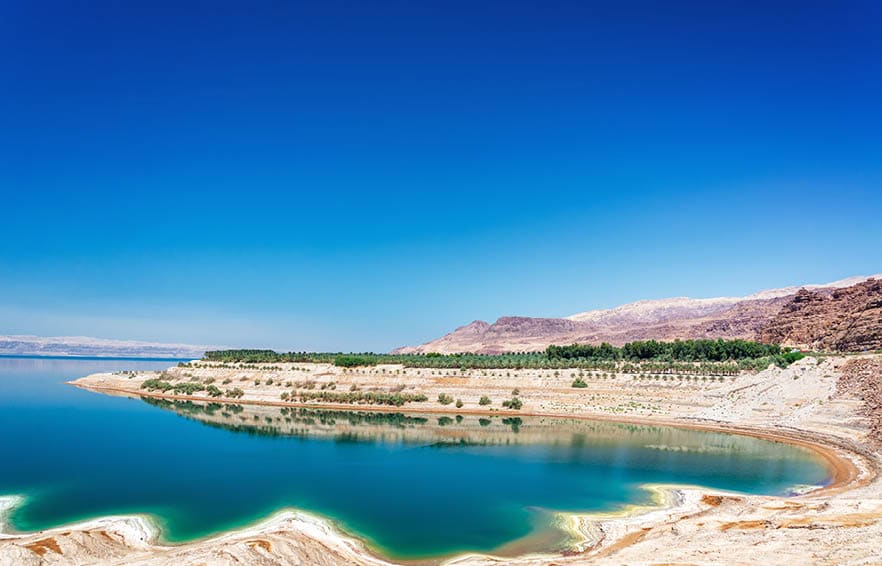 View salt and turquoise water at the Dead Sea in Jordan