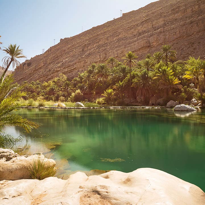 Amazing Lake and oasis with palm trees (Wadi Bani Khalid) in the Omani desert
