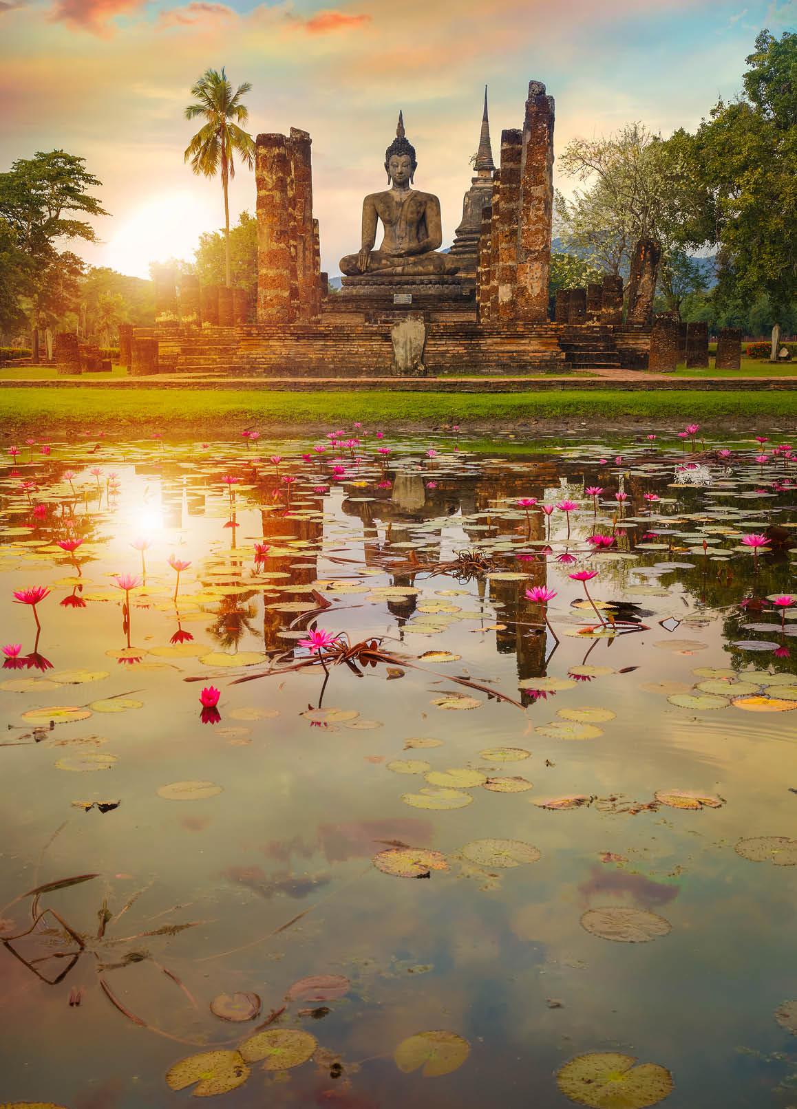 Wat Mahathat Temple at Sukhothai Historical Park, a UNESCO World Heritage Site in Thailand