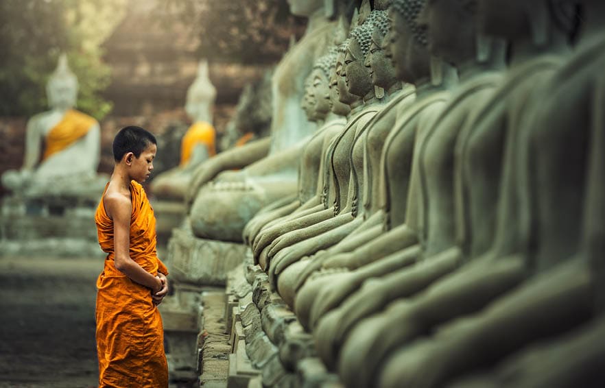 Novices monk vipassana meditation at front of Buddha statue