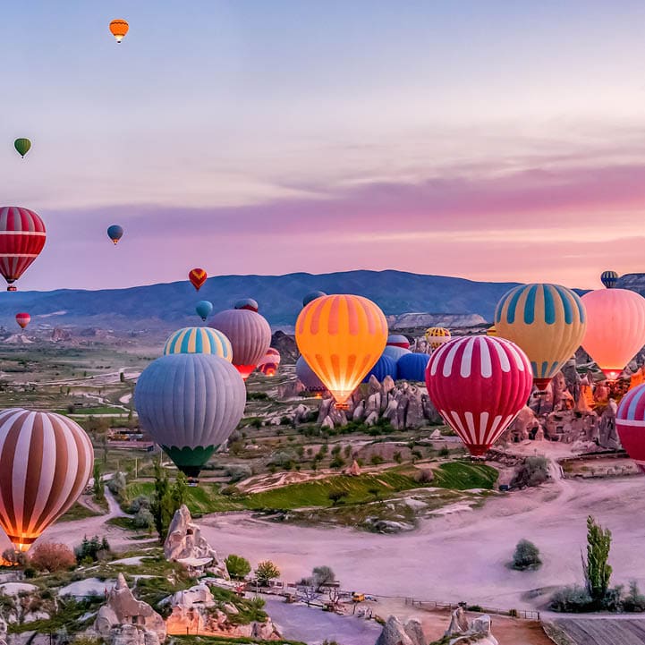 Colorful hot air balloons before launch in Goreme national park, Cappadocia, Turkey